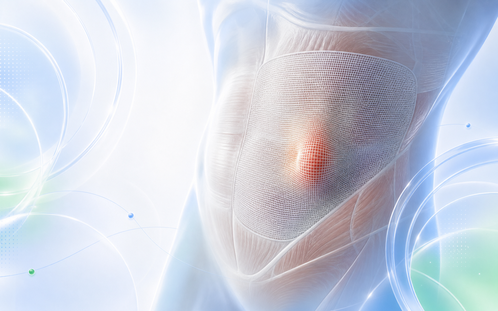 Medical illustration of abdominal wall hernia and mesh repair
